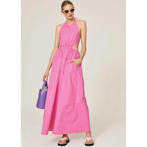 STAUD Apfel Maxi Pink Halter Open Back Cotton Maxi Dress w/ Pockets size S - Picture 1 of 10